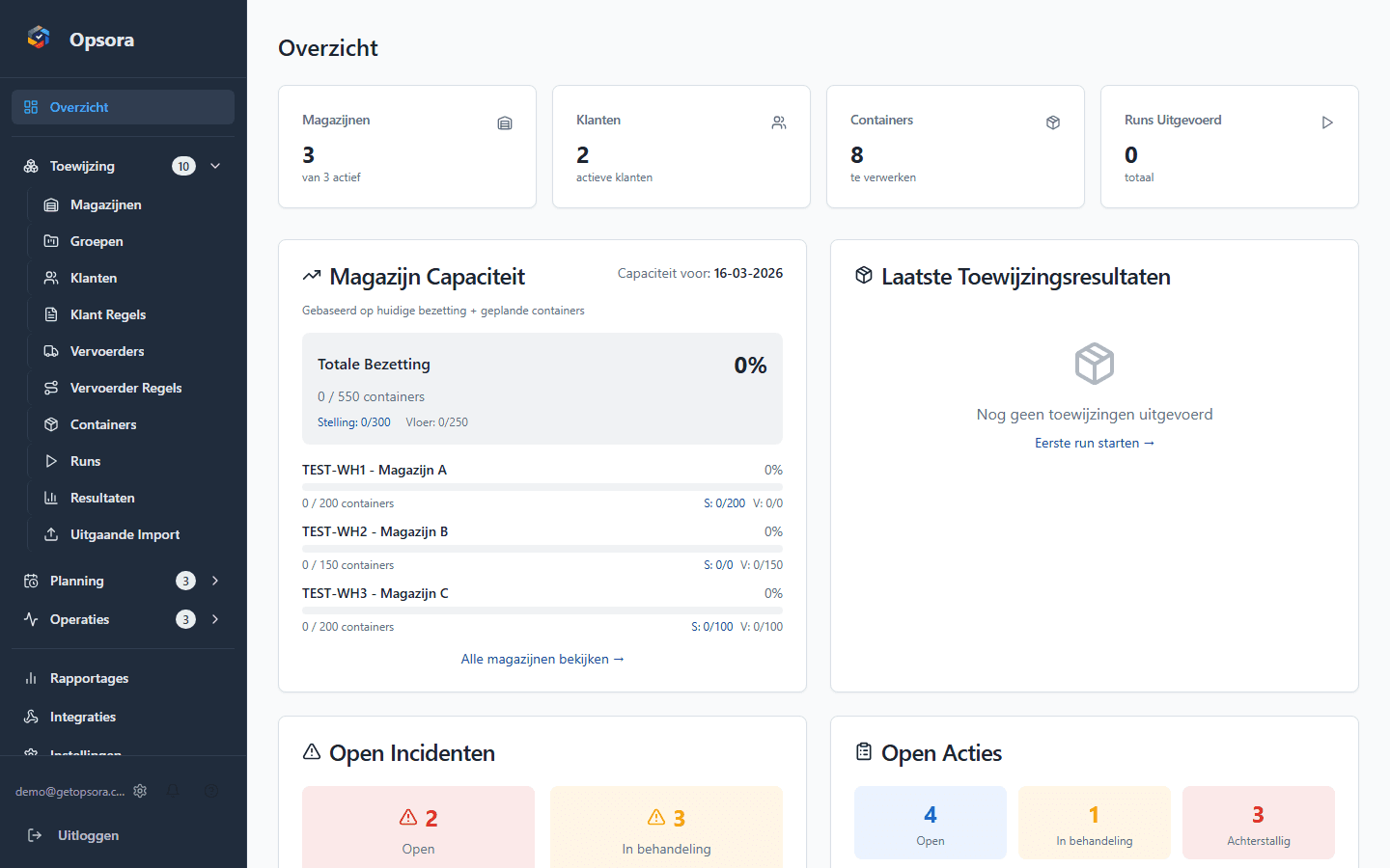 Opsora Dashboard — Overzicht van container allocatie, crew planning en werkdruk in één scherm